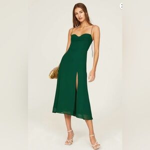 Reformation Juliette Dress Emerald Green Sweetheart Tie Shoulder Slit Midi 6 EUC